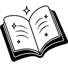 Spell book with glowing pages line art vector illustration 