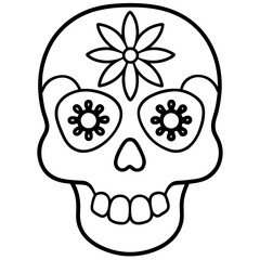 Sugar skull with colorful floral decorations line art vector illustration 