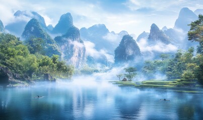 Misty river with kayakers, mountain backdrop, tranquil nature scene