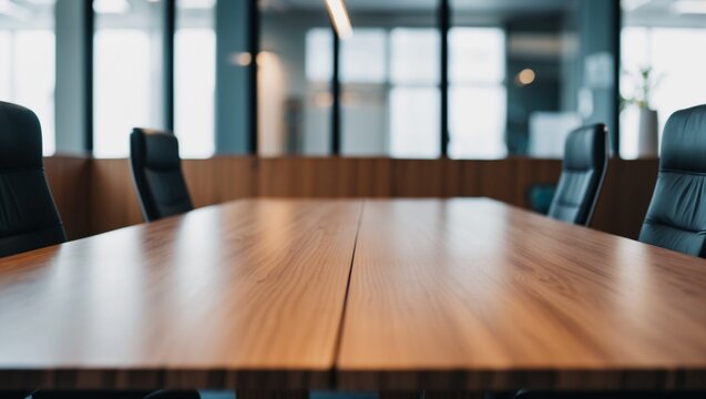 An empty modern office conference room features sleek chairs around a minimalist table, with parquet flooring enhancing the interior design - Powered by Adobe