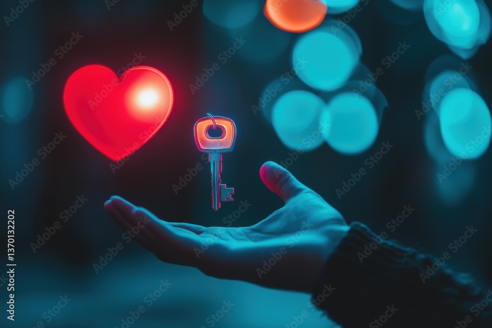 Poster a vibrant, surreal image of a hand offering a key, with a floating heart and bokeh lights creating a