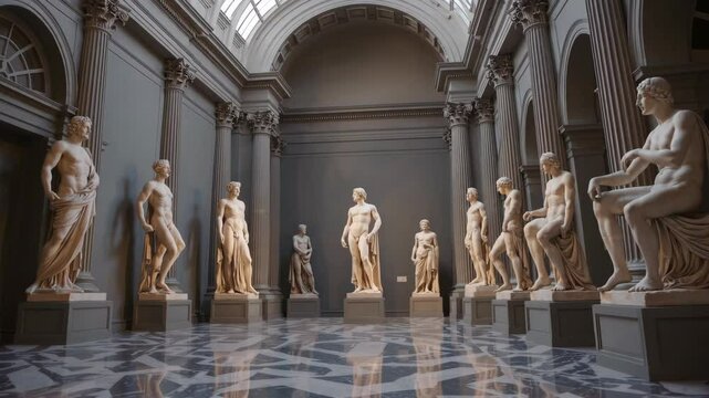 Elegant gallery exploration: timeless marble statues in majestic hall