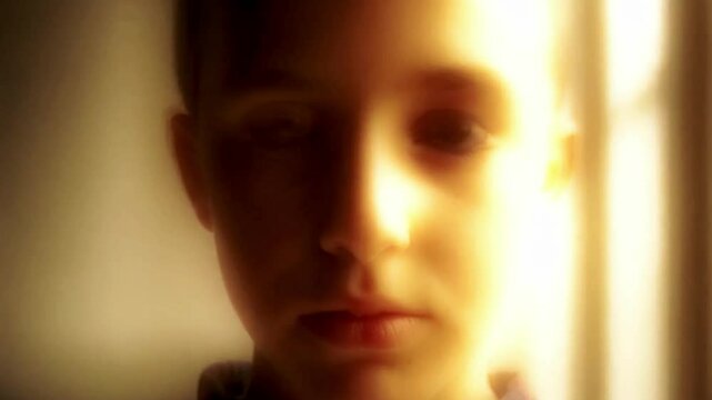 Seamless morphing transformation from child to adult, realistic aging progression, time lapse human growth evolution, cinematic artistic sequence showing life stages, emotional transition, aging proce