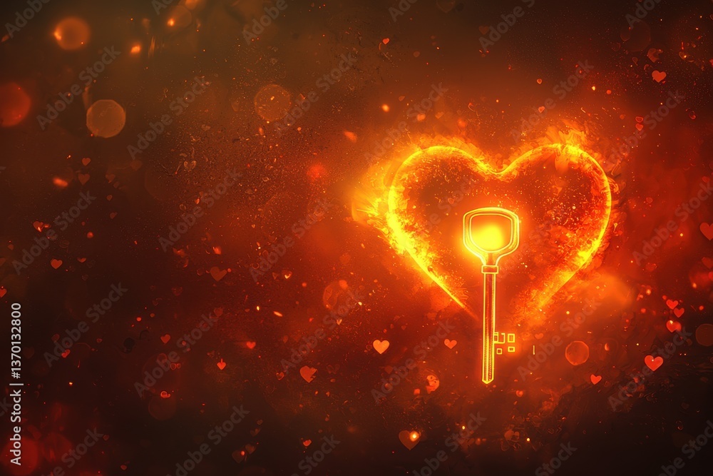 Poster a glowing heart with a key in an abstract design, surrounded by bokeh, creating a romantic and warm 
