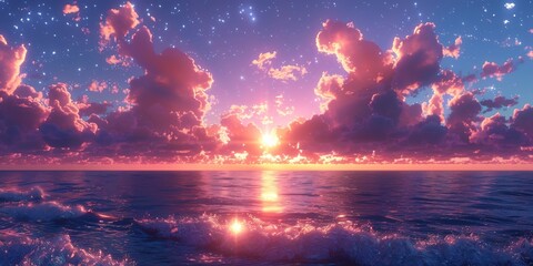  A serene sunset over a calm sea, where the sky is filled with soft oranges and pinks and the water reflects the vibrant hues, with gentle waves rolling in toward a sandy beach 