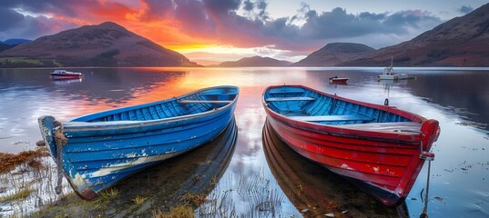  A serene sunset over a quiet bay, where the water is calm and reflects the vibrant colors of the sky, with a few small boats anchored in the distance and distant mountains on the horizon 