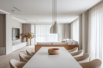 Minimalist Interior Dining Room, interior design of a white-toned interior and dining room with dining tables and chairs. Generative AI
