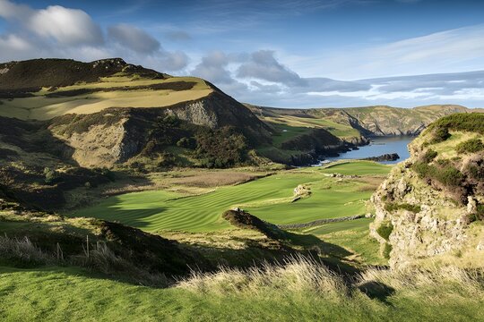 Coastal green hills meet ocean under partly cloudy blue sky view