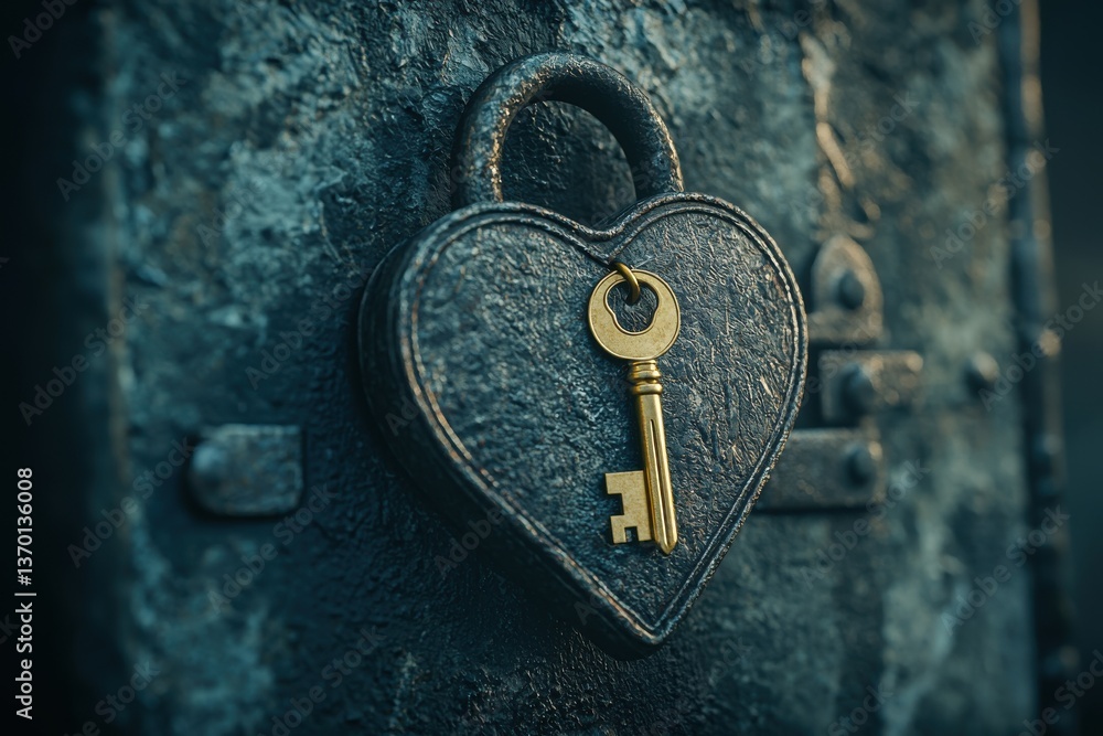 Poster an aged metallic heart shaped lock with a golden key hanging on it placed against a textured metalli