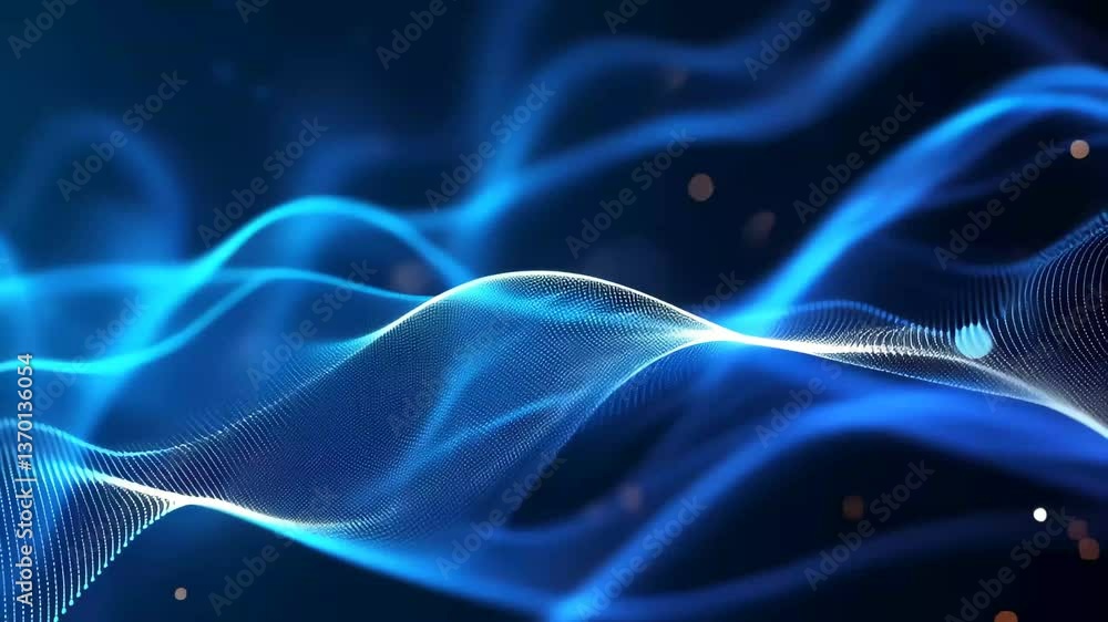 Poster this composition features flowing wave patterns in vibrant blue tones, illuminated by scattered ligh