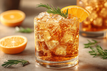 Fototapeta premium refreshing close up of fizzy herbal mocktail served in glass with ice, garnished with slice of orange and sprig of rosemary, evoking sense of relaxation and enjoyment