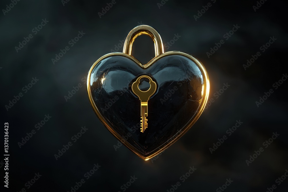 Poster heart shaped padlock with a golden key, symbolising love, commitment and security with a dark myster