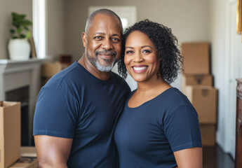 Naklejka premium A joyful middle-aged African American couple stands together in their inviting home, radiating happiness as they embrace a fresh start amidst unpacked moving boxes