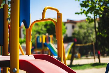 Colorful playground equipment with slide, climbing bars, and blurred background