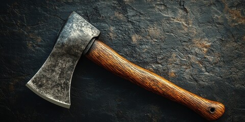 Rustic axe with a wooden handle on a textured dark stone surface.