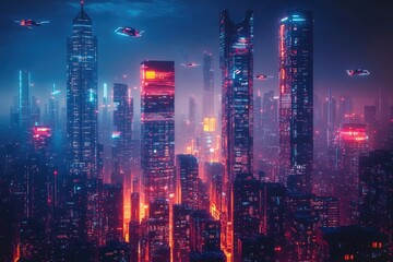Obraz premium A futuristic metropolis with vibrant city lights and aircraft flying above
