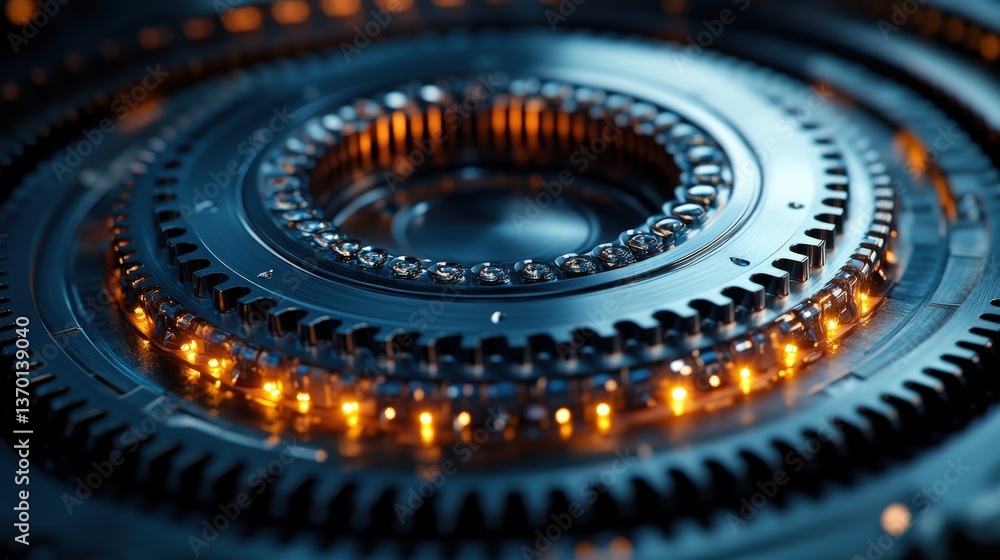 Poster close-up of intricate metallic gears and illuminated components, showcasing precision engineering an