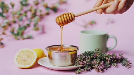 Drizzling honey into a bowl kitchen table setting food photography bright environment close-up view culinary art