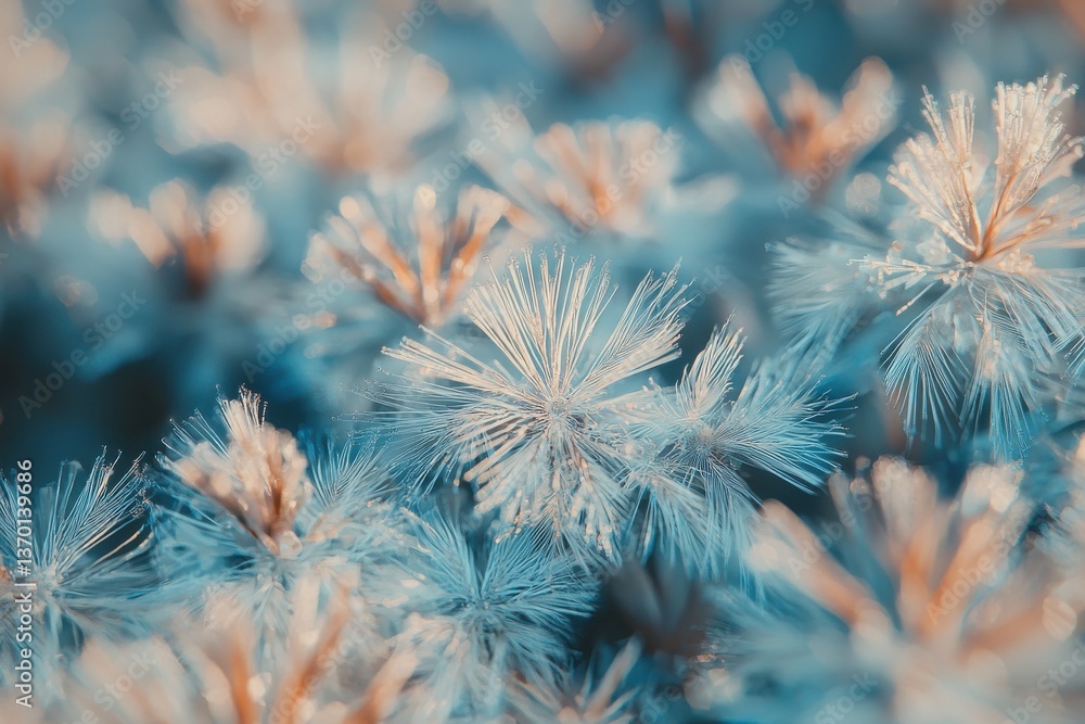 Poster close-up of abstract floral patterns in cool blue and gold tones, creating a mesmerizing and dreamy 