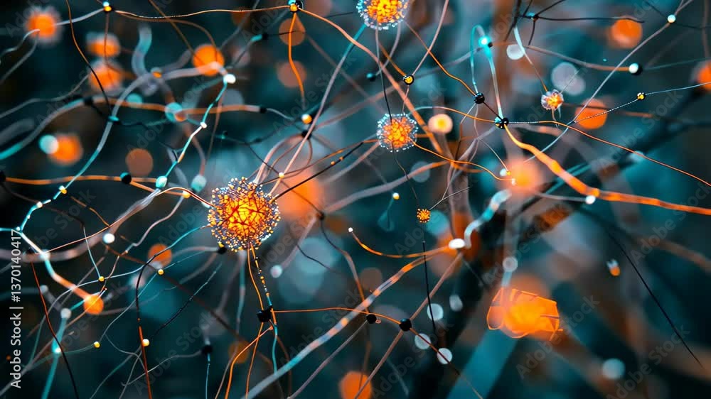 Poster colorful neural connections are highlighted in hues of orange and blue, creating a striking visual r
