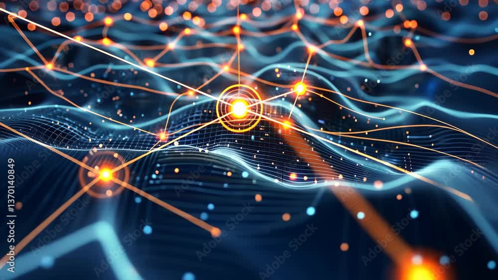 Poster a dynamic visualization depicts a network of glowing nodes interconnected by flowing lines, creating