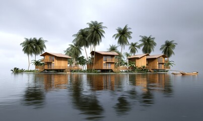 Obraz premium Tropical island bungalows with palm trees and boats, serene ocean view, ideal for travel ads