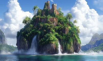 Naklejka premium Tropical island castle ruins with waterfalls, ocean, clouds, fantasy landscape