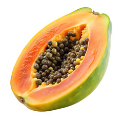 A vibrant half of a ripe papaya showcasing its orange flesh and numerous dark brown seeds