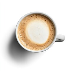 Overhead shot of coffee cup on white background minimalist aesthetic clean environment