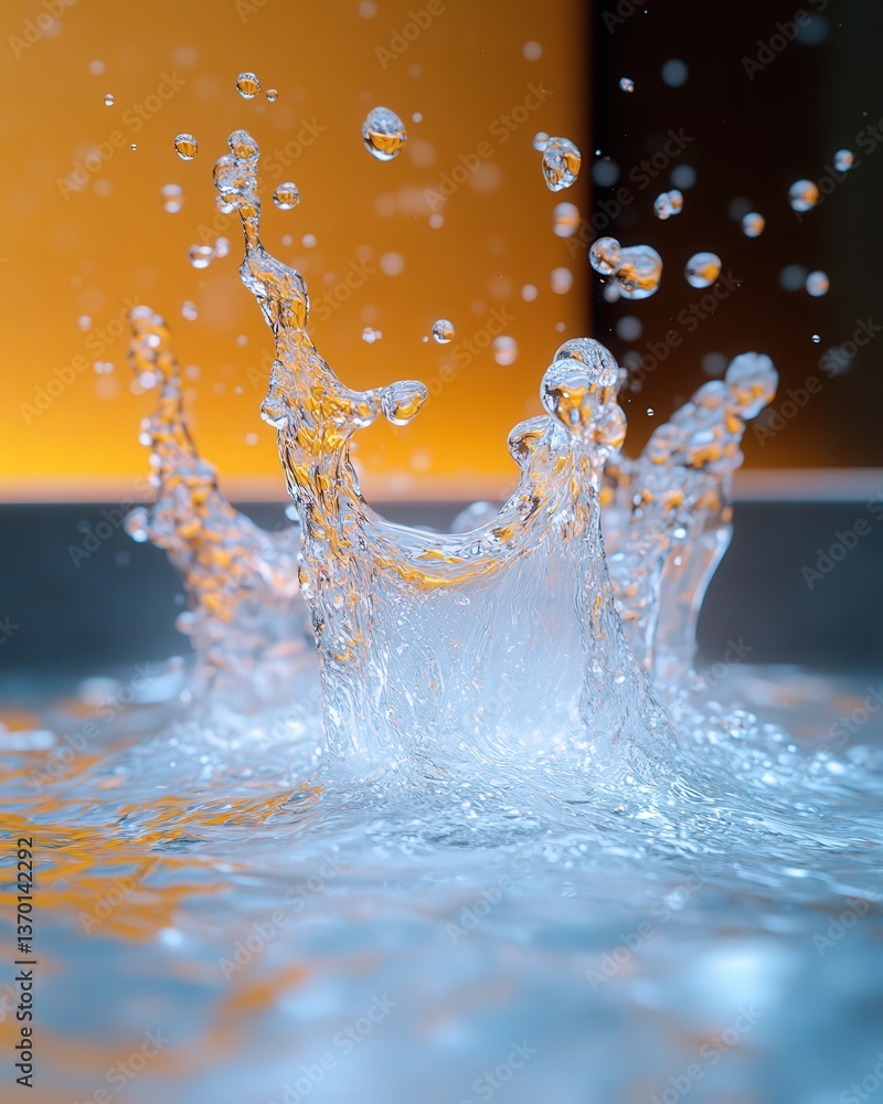 Aufkleber abstract close-up of water splashing, creating a dynamic crown-like shape against a blurred orange a