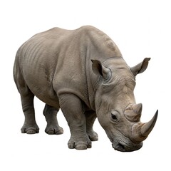 Fototapeta premium Close-up portrait of a rhinoceros isolated on white background, detailed wildlife stock photo 