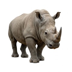Obraz premium Powerful rhinoceros standing isolated on white background, perfect for wildlife stock photography 