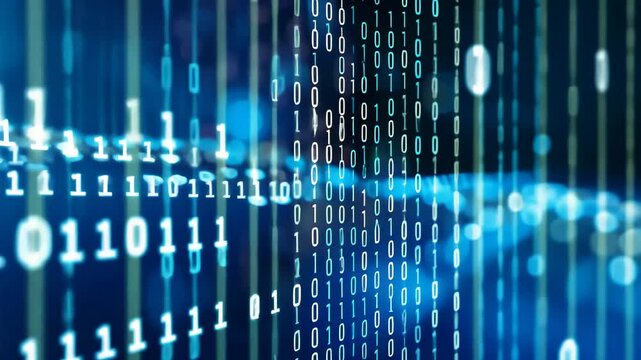 Vertical streams of binary digits in blue create a striking visual effect, symbolizing the dynamic data environment in contemporary digital technology.