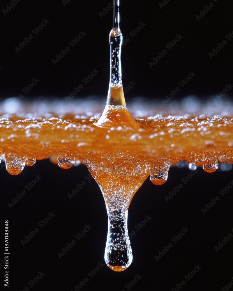 Poster abstract close-up of a single drop of amber liquid falling onto a surface, creating ripples and smal