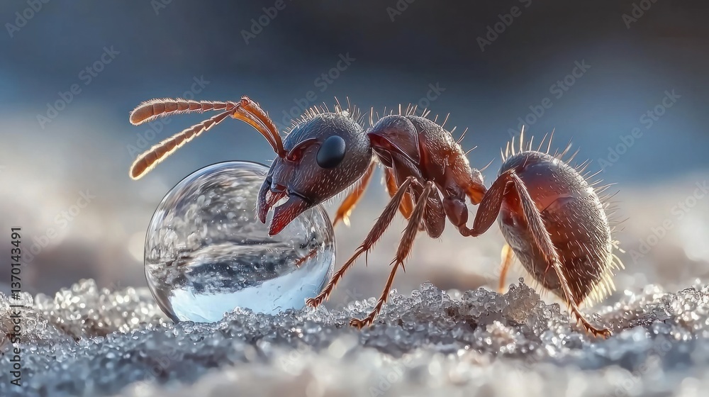 Aufkleber ant interacting with dew drop on a sparkling surface close-up