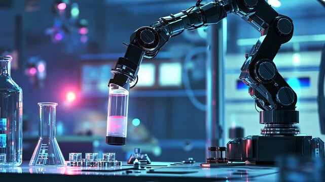 A high-tech robotic arm handles a glass vial in a futuristic laboratory setting, surrounded by scientific equipment and illuminated with vibrant neon lights, symbolizing innovation in science and tech