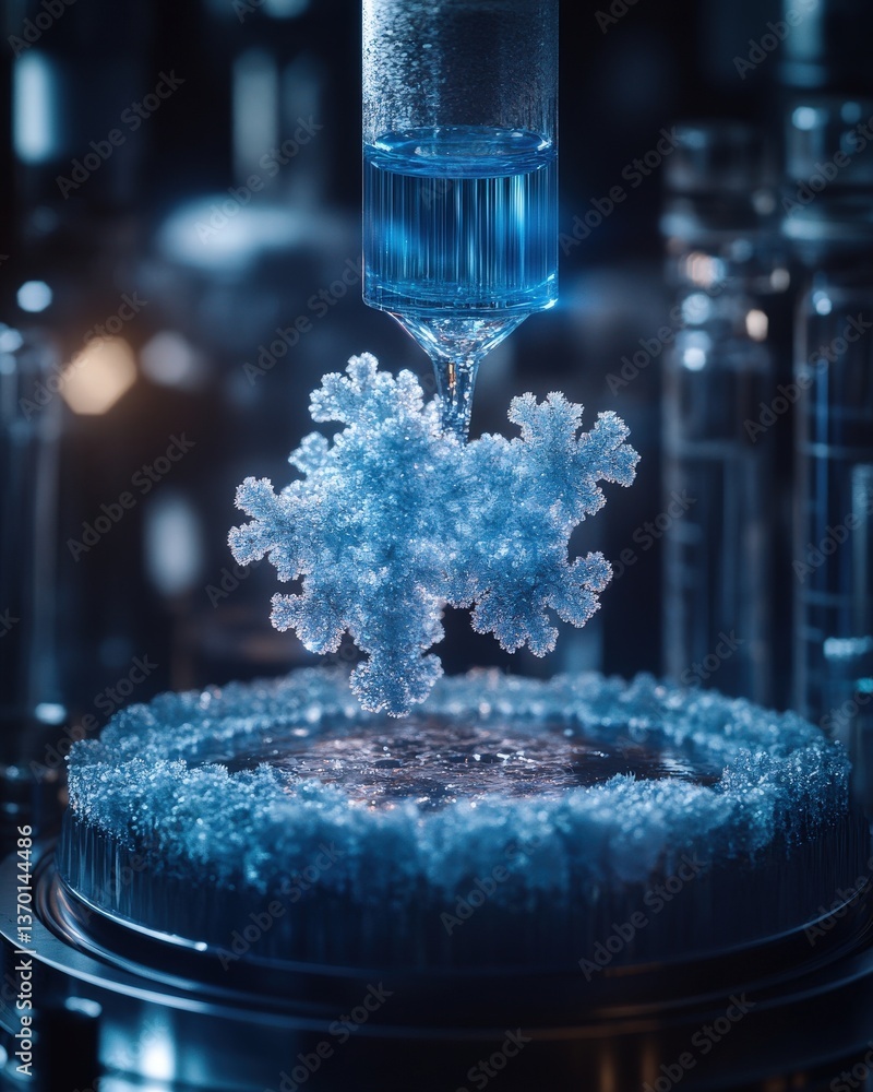Poster microscopic view of a snowflake crystallizing from a solution in a laboratory setting. a mesmerizing