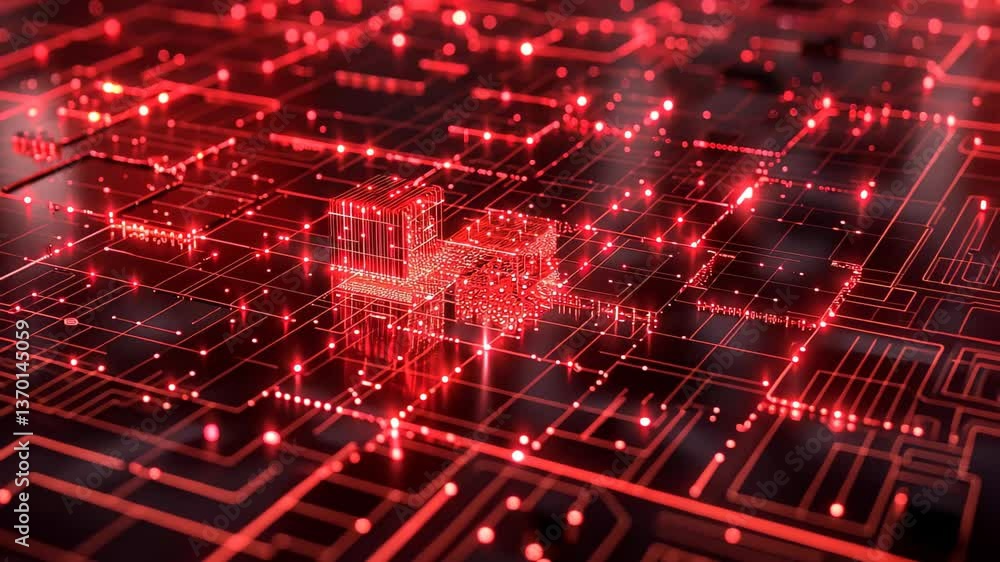 Poster this artwork showcases a vivid red digital environment filled with intricate circuits and luminous d