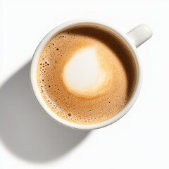 Overhead shot of a coffee cup on white background beverage photography minimalist style