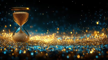 Golden hourglass on a bed of sparkling glitter