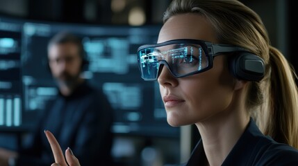 A professional woman wearing smart glasses engages with digital interfaces in a modern workspace, emphasizing technology and innovation, Ideal for tech-related articles, presentations, or marketing,