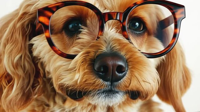 Adorable cavapoo puppy wearing round eyeglasses on white background