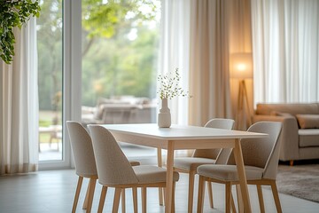 Minimalist, interior design of a residential dining room with a dining table and chairs. Generative AI

