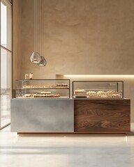 Modern Bakery Pastry Display with Concrete and Walnut Counter