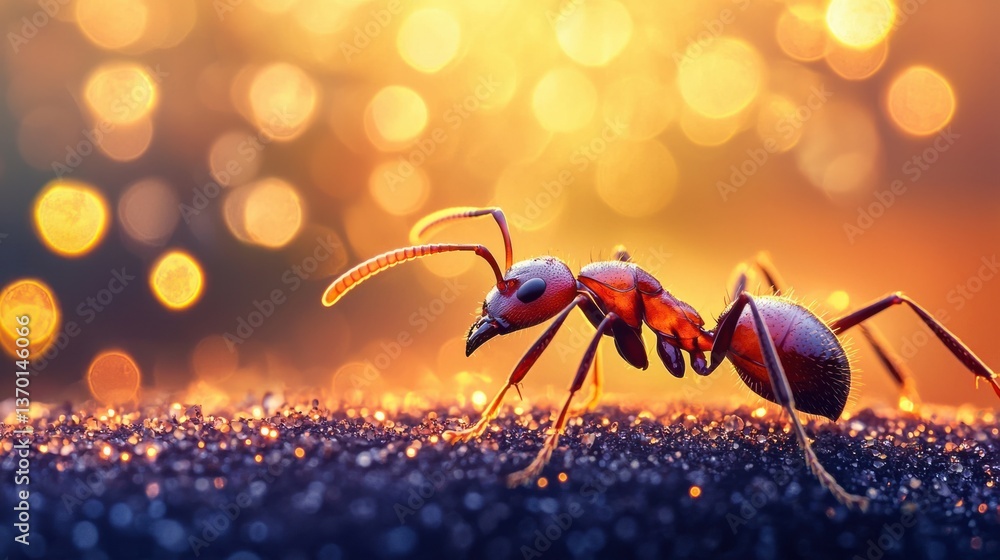 Poster close-up of ant crawling on sparkling surface with bokeh background