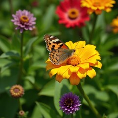 Orange butterfly (Lycaena phlaeas) on a yellow flower in a colorful garden