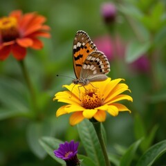 Obraz premium Orange butterfly (Lycaena phlaeas) on a yellow flower in a colorful garden