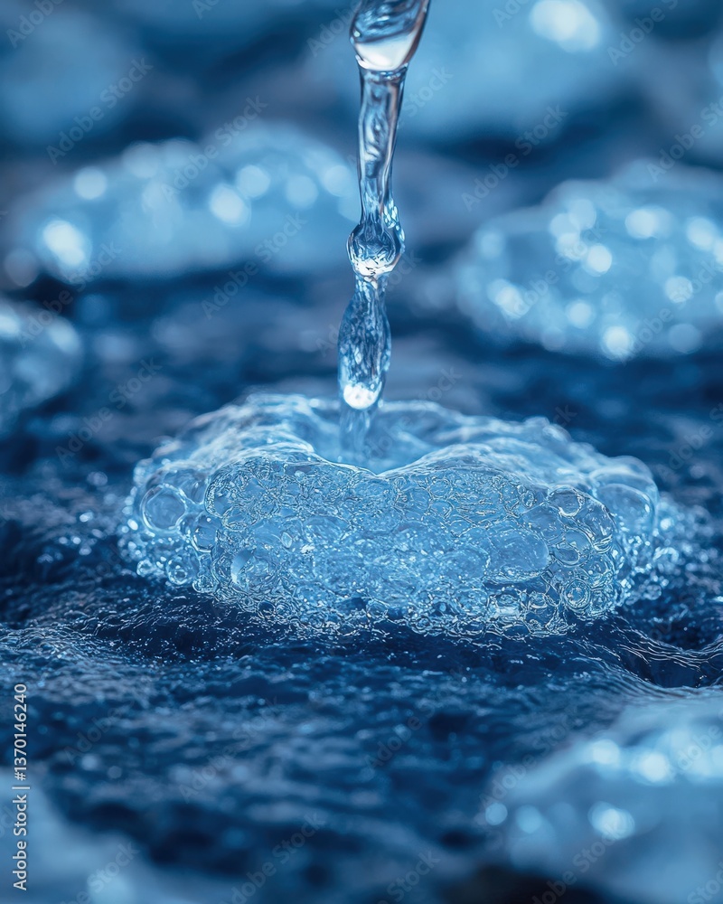 Poster close-up of water pouring into a pool, creating beautiful bubbles and textures. perfect for concepts