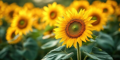 Obraz premium Golden sunflowers bask in the sunlight, creating a vibrant and cheerful atmosphere in the field.
