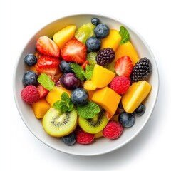 Obraz premium Fresh fruit salad bowl delight kitchen table food photography bright colors top view healthy eating